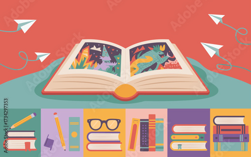 Open book with imaginative scenes and paper airplanes flying around
