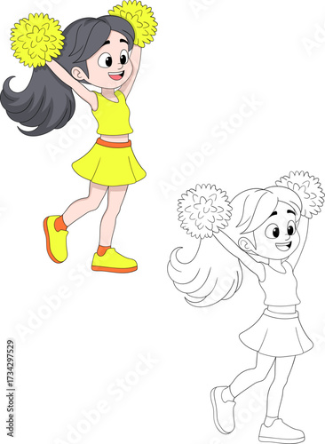 Cheerful Cheerleader Girl Jumping with Pom Poms Illustration