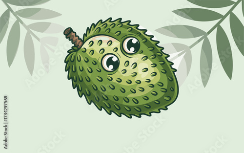 Playful Soursop Fruit Detailed Vector Illustration Showcasing a Cute Anthropomorphic Character Amidst Tropical Foliage