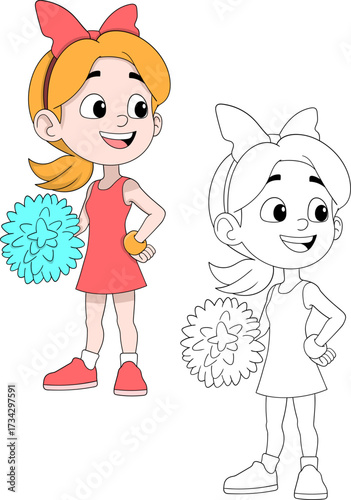 Cheerleader Girl with Pom Pom in Red Dress Illustration
