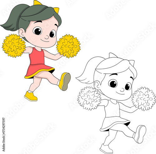 Smiling Cheerleader Girl Dancing with Pom Poms Illustration