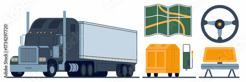 Vector icon sheet with truck steering wheel map and cargo – Suitable for trucking services, logistics companies, or highway transportation branding