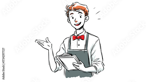 Happy Young Male Waiter Taking Food Order at Restaurant