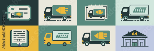 Vector icon sheet for truck driving branding with license route logbook and rest stop icons