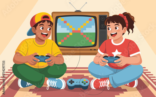Two children enjoy playing a vintage video game on a retro television together