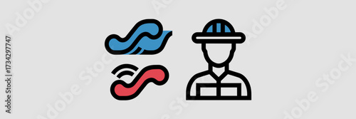 Vector illustration of HVAC icon sheet with cooling heating vent and worker badge – Suitable for air conditioning repair services, heating companies, or technician branding