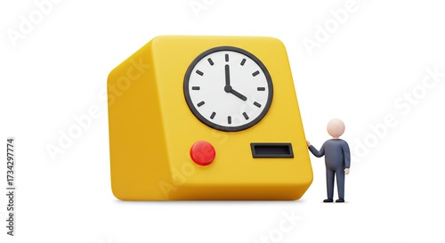 Tiny person interacting with a large yellow timer clock symbolizing time management and productivity.