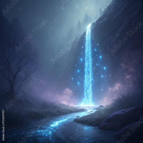 Enchanting waterfall in mystical forest with glowing blue light and ethereal mist illustration