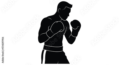 A dynamic boxer in a fighting stance outlined in black silhouette