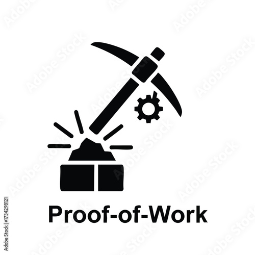 Mining pickaxe striking a block with gear and the phrase Proof-of-Work emphasizing digital security and blockchain technology
