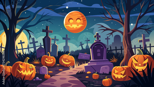 Very beautiful Jack O' Lanterns in graveyard in the spooky night, Halloween backdrop glowing with eerie atmosphere, mysterious lights, haunting silhouettes, creating a chilling yet enchanting seasonal