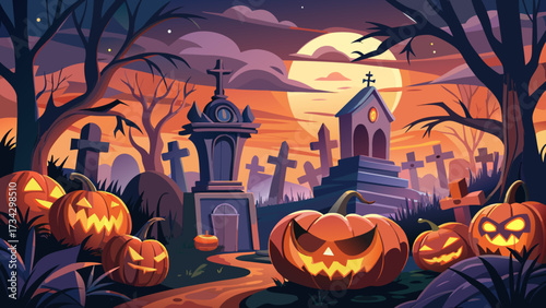 Very beautiful Jack O' Lanterns in graveyard in the spooky night, Halloween backdrop glowing with eerie atmosphere, mysterious lights, haunting silhouettes, creating a chilling yet enchanting seasonal