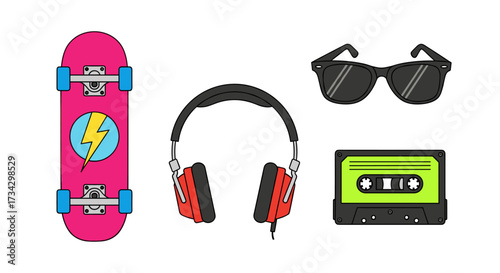 Retro 80s cool kid accessories: skateboard, headphones, sunglasses, cassette