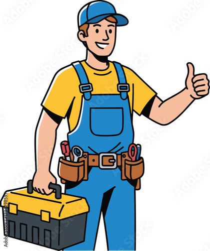 Cartoon handyman character with toolbox and tools, wearing blue overalls and cap, giving thumbs up, vector illustration for construction themes