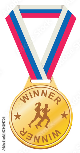 marathon runner's gold medal with ribbon. metal award badge for winner or champion
