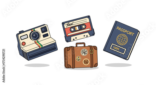 80s Retro Travel Icons: Camera, Cassette, Suitcase, Passport