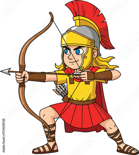 Cartoon Roman archer character in traditional armor aiming bow and arrow, dynamic pose, historical warrior illustration for educational and vector use