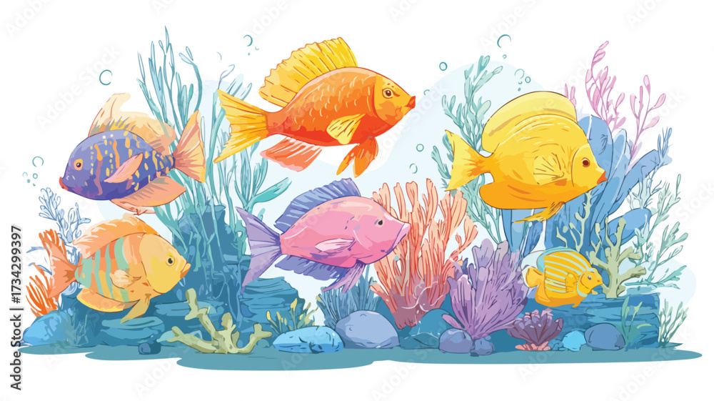 Naklejka premium Vibrant Cartoon Tropical Fish in Beautiful Underwater Scene