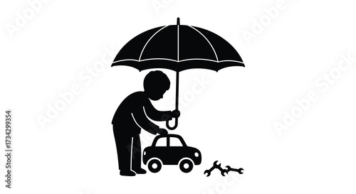 A child plays with a toy car sheltered by an umbrella silhouette