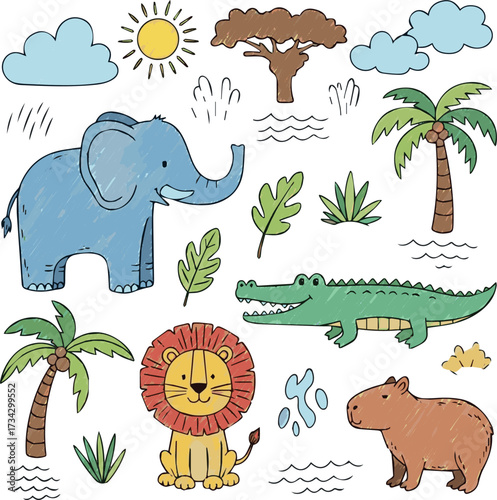 doodle set, vector hand drawn childish African scribble, cute cartoon elephant, lion. Naive baby nature sticker, colorful pencil illustration, crocodile, capybara, palm. Kids doodle design.