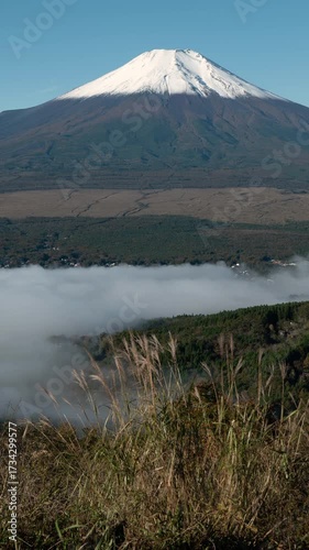 山梨県忍野村より望む雲海越しの富士山ののタイムラプス映像（縦・フィックス）