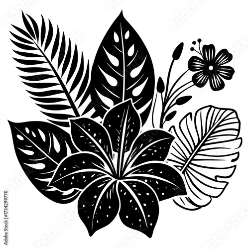 Black Silhouette Tropical Leaves and Flowers Arrangement Keywords: tropical, leaves, flowers