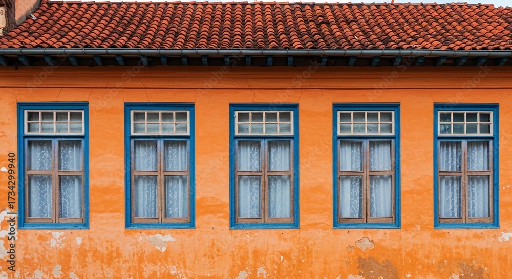 Fototapeta premium Vibrant orange facade with five symmetrical windows, framed in bright turquoise beneath a textured terracotta tile roof.