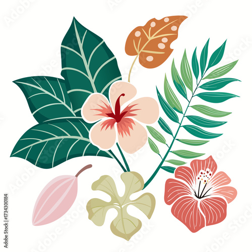 Pastel Tropical Leaves and Flowers Arrangement Keywords: tropical, leaves, flowers, pastel