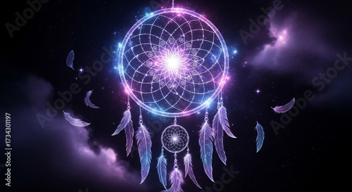 Enchanting dreamcatcher glows with cosmic energy amidst starry night sky and mystical purple clouds, capturing ethereal dreams and spiritual journeys.