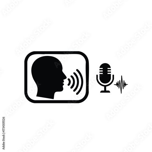 Silhouette of a person speaking with sound waves, accompanied by a vintage microphone and a waveform, symbolizing voice communication and audio recording