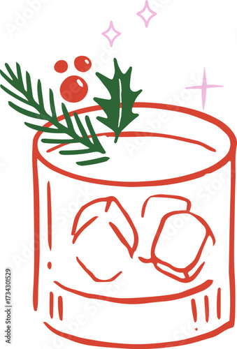 Hand drawn glass of whiskey with ice - Christmas cocktail party drawings series