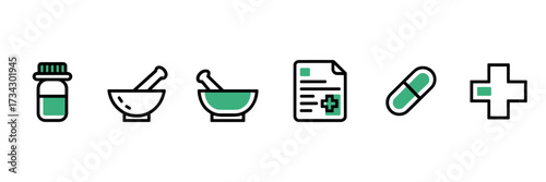 Vector icon sheet of pharmacist icons with pill bottle, mortar and pestle, prescription pad, capsule, and pharmacy cross