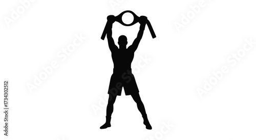 An athletic man triumphantly raising a circular award overhead silhouette