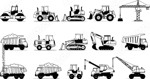 List of construction vehicles, tractors, and heavy machinery icons. Sideview artwork of construction and industrial vehicles, road roller, bulldozer, backhoe, excavator, dump truck, and crane.
