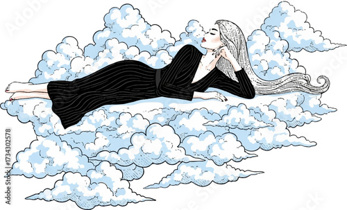 Abstract Stylish Woman Above the Clouds Vector Illustration