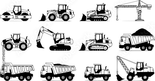 List of construction vehicles, tractors, and heavy machinery icons. Sideview artwork of construction and industrial vehicles, road roller, bulldozer, backhoe, excavator, dump truck, and crane.