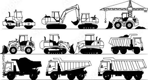 List of construction vehicles, tractors, and heavy machinery icons. Sideview artwork of construction and industrial vehicles, road roller, bulldozer, backhoe, excavator, dump truck, and crane.