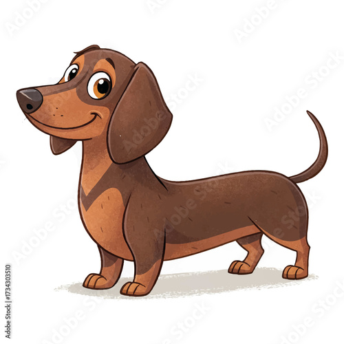 Whimsical vector drawing of a Dachshund dog, side angle full body, gentle shading, cheerful demeanor, capturing the breed’s energetic and affectionate nature.
