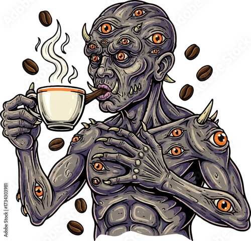 Vector Illustration of Coffee-Drinking Monster with Coffee Bean Sprinkles