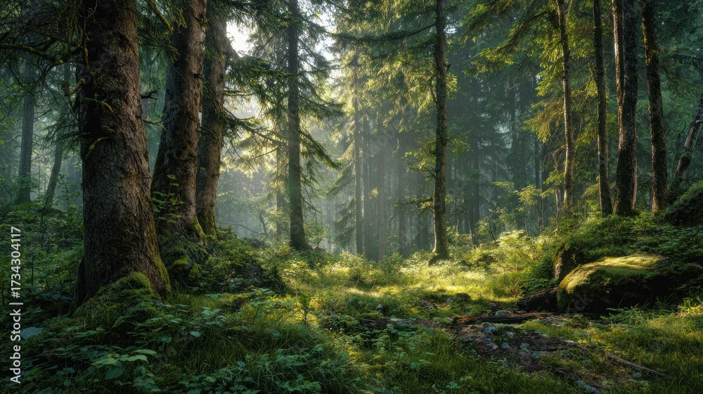 Naklejka premium Sunlight filtering through forest canopy