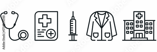 Vector icon sheet of doctor essentials with stethoscope and hospital