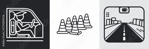 Vector icon sheet with student in car road cones and dashboard camera view