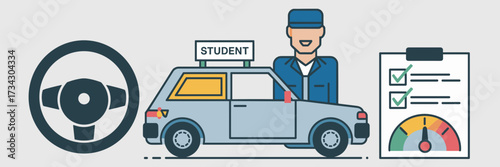 Vector icon sheet of driving school with steering wheel student car instructor checklist and speedometer