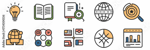 Vector icon sheet for language school branding with multilingual symbols