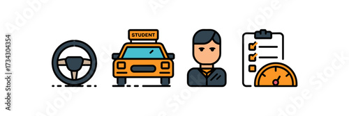 Vector icon sheet of driving school with steering wheel