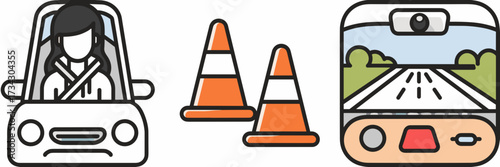 Vector icon sheet with student in hoodie road cones and dashboard camera view