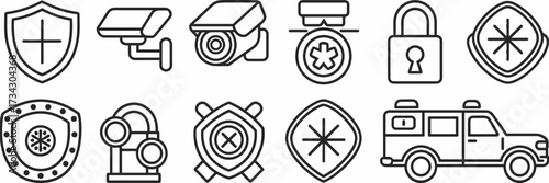 Vector icon sheet of security company with shield cctv lock guard badge emergency light and patrol vehicle