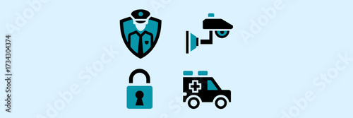 Vector icon sheet of security company with shield cctv lock guard badge emergency light and patrol vehicle