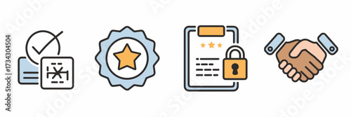Vector icon sheet of coverage icon, premium badge, protection plan sheet, and secure handshake – Ideal for insurance branding and financial security visuals