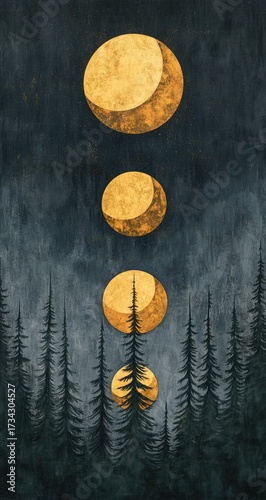 Moon phases above trees. Dark forest. Gold glow. Aesthetic